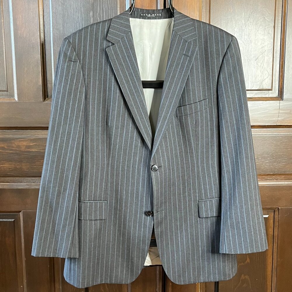 Hugo Boss Suit Coat Jacket Mens 44R Gray w/ Blue Stripe Wool Super 100 2-Btn USA